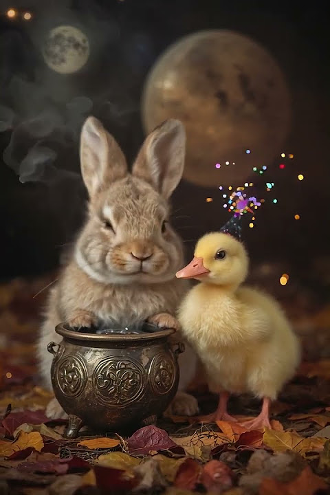 Bunny and Duckling Making Magic by the Cauldron! #cute #cuteanimals #viral #shorts #bunny #duck