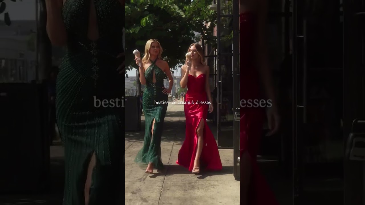 It’s a date!🍦💋 . Strapless red dress CD2408 and Halter sequin dress CC427 in Emerald . 