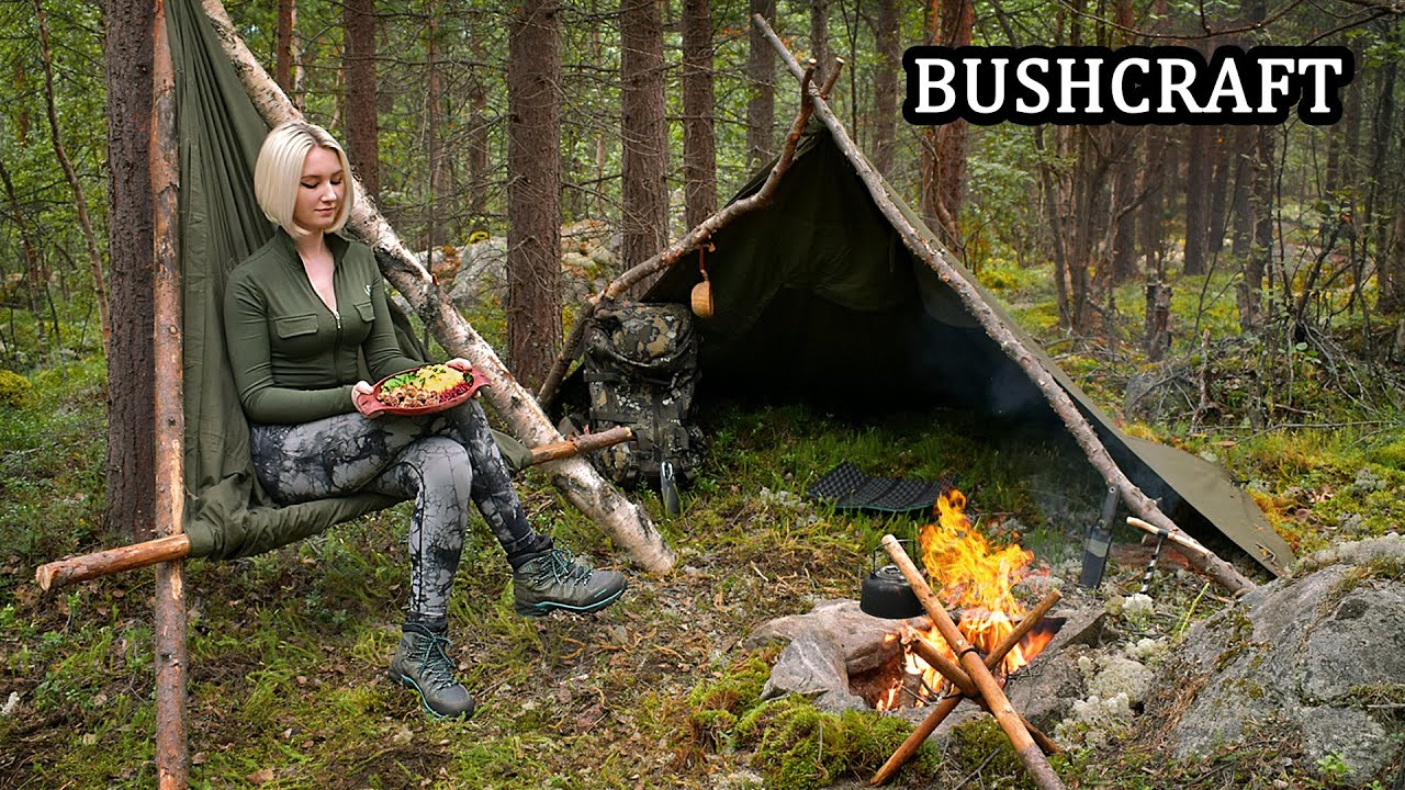 Solo Bushcraft - Swedish meatballs - Bushcraft Chair - Canvas lavvu shelter  - ASMR 