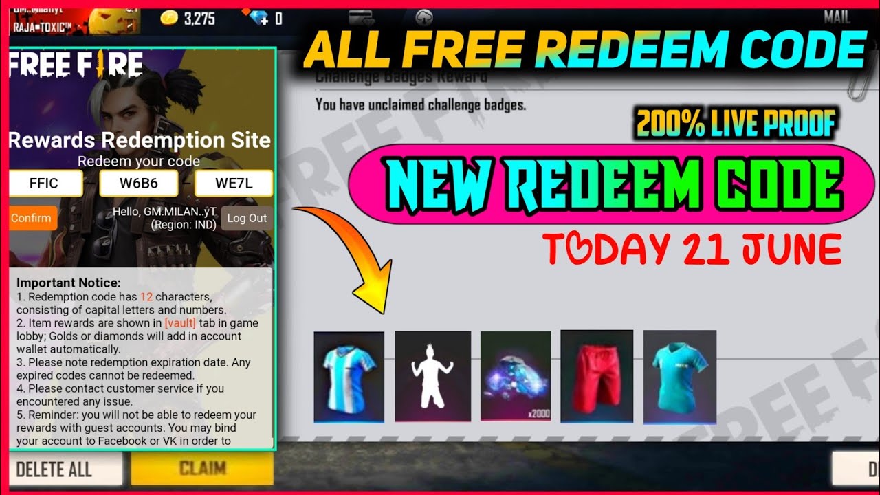 Free Fire Redeem Code Today 21,22 June 2021 | Ff Redeem Code Today | Today New Redeem Code Free Fire