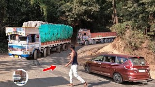 Ghat Road : Cars Crossing Heavy Loaded Truck 12 Tyres Lorry Driving Stopped on Ghat Roads U Turning