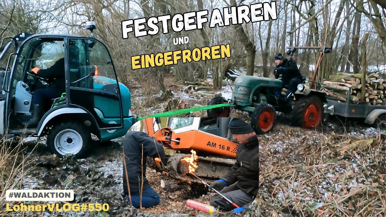 LohnerVLOG#550 Festegefahren und eingefrohren I Brennholzbergung mit Kegelspalter, Bagger und Kramer