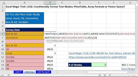 Excel Magic Trick 1326: Conditionally Format Text Modes: PivotTable, Array Formula or Power Query?
