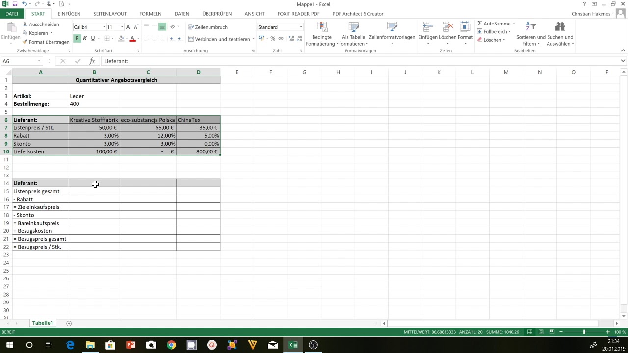Angebotsvergleich Excel Eine Excel Vorlage Fur Den Quantitativen Angebotsvergleich Erstellen Youtube