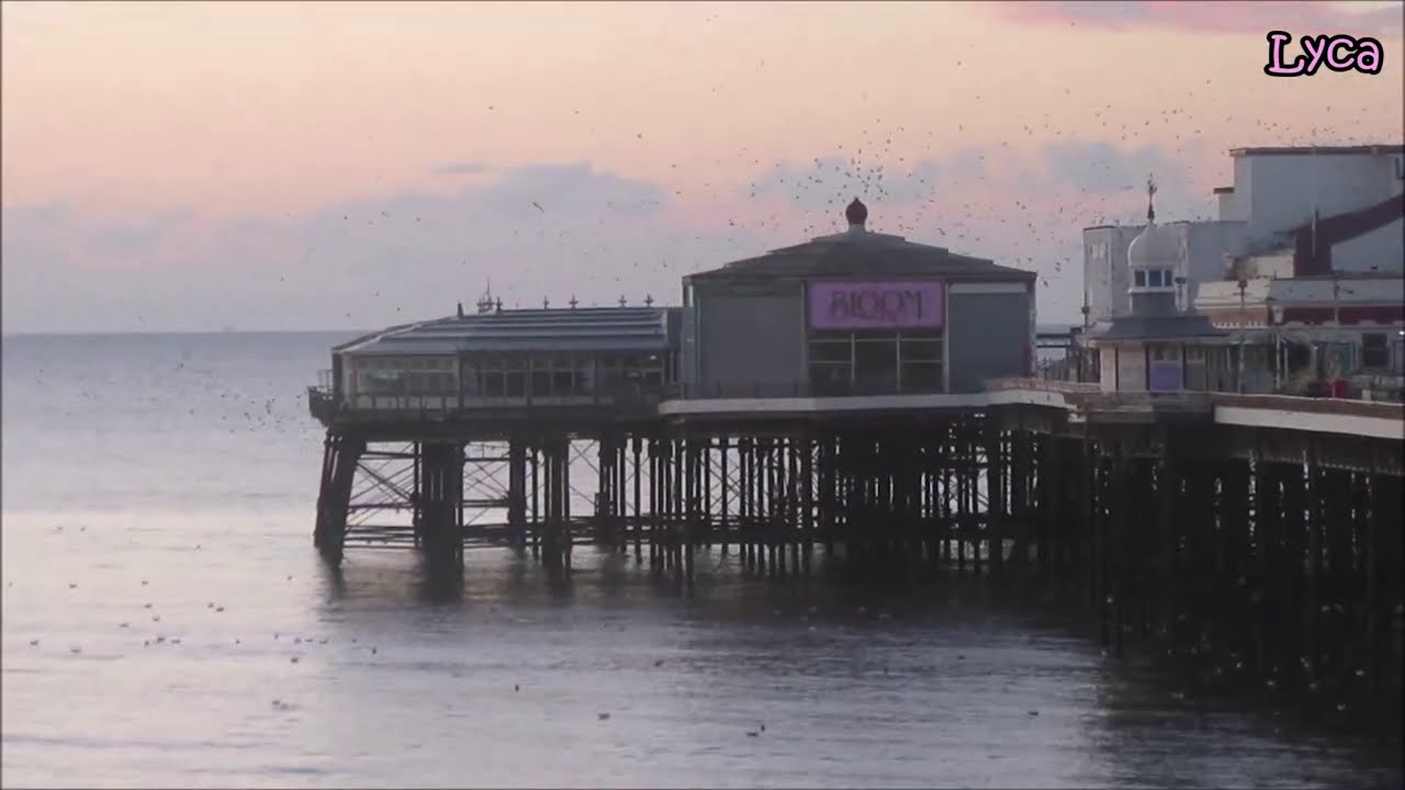 Sunset, starlings, North Pier and the beach at Blackpool