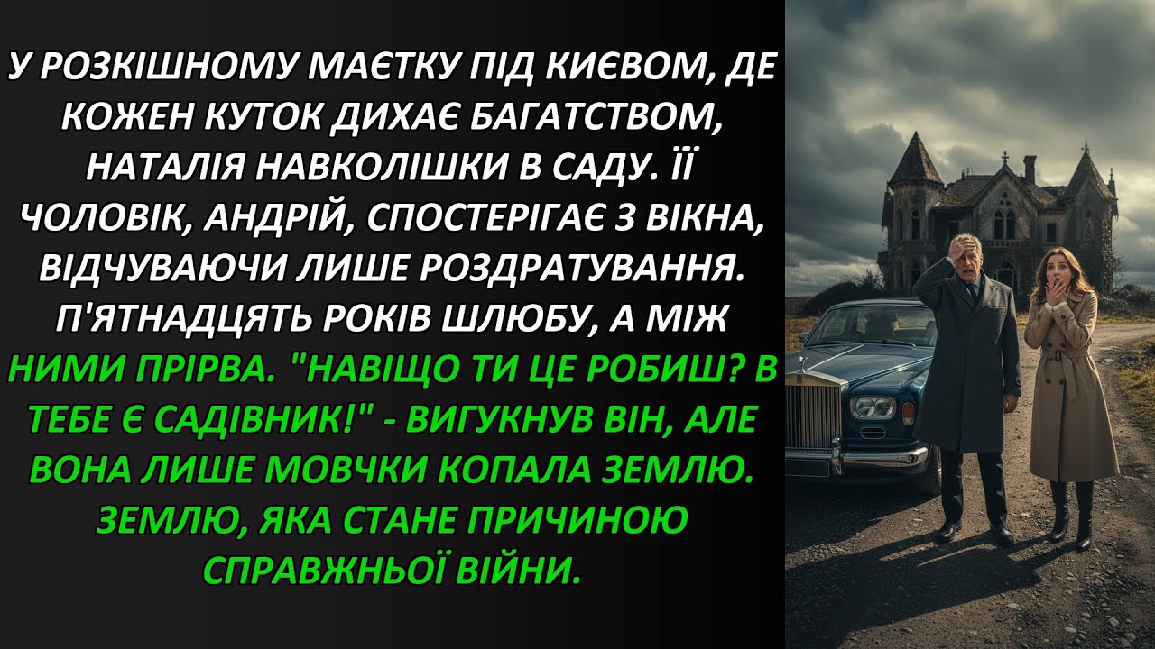 У розкішному маєтку під Києвом, де кожен куток дихає багатством, Наталія навколішки в саду. Її