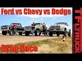 Classic Drag Race: Chevy K10 Big Green vs Ford F250 Rusty Boy vs Dodgezilla Ram Overkill