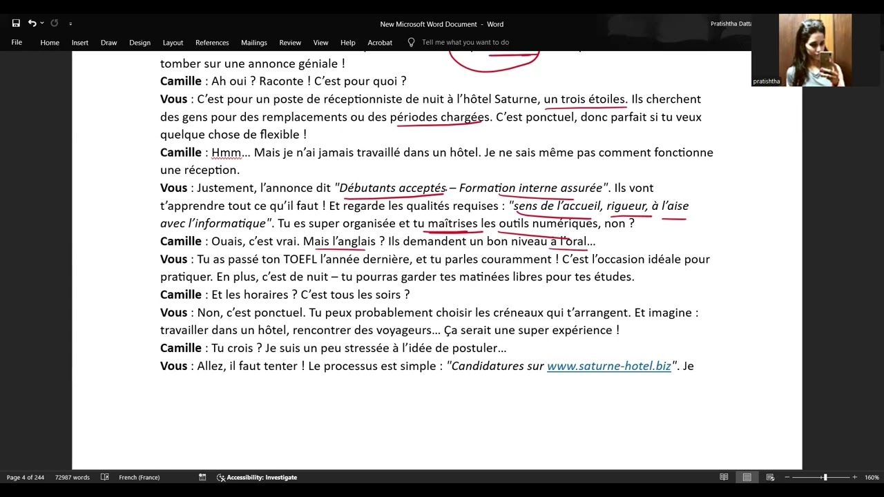 TEF Section B Speaking  - Convince a friend to apply for a job receptionist