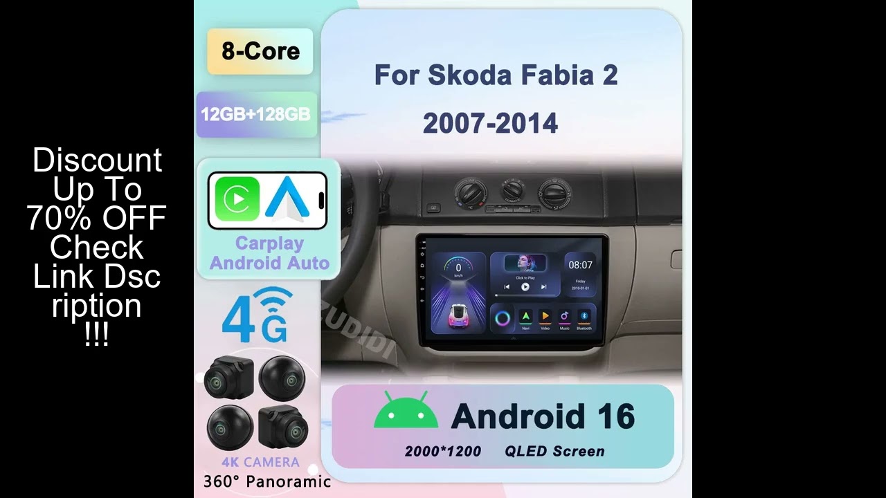 2Din Car Video Player Android 16 for Skoda Fabia 2 2008 2009 2010 2011 2012 2013 GPS Navigation Car