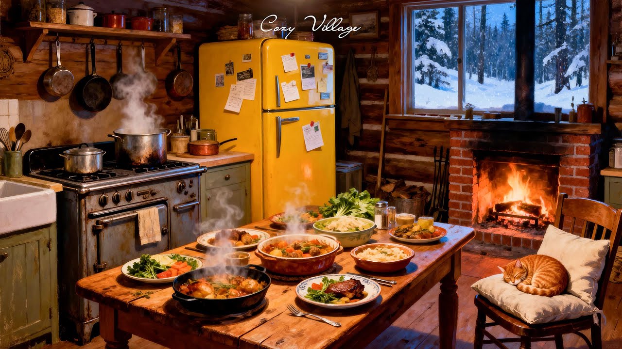 Relaxing vintage jazz night snowy 1940s with oldies playing in another room (Crackling Fireplace)