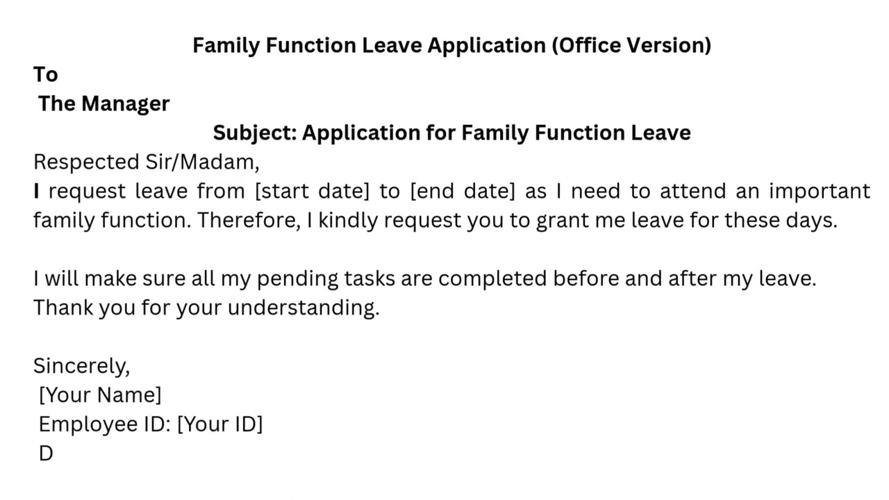Family Function Leave Application | Easy Office Leave Letter Format in English