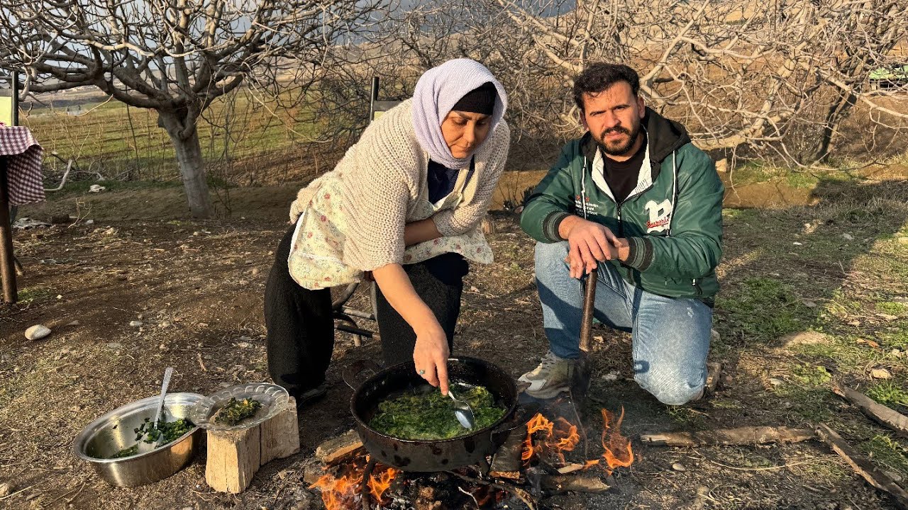 Rural Life: Making Herb Frittata over Wood Fire in Nature