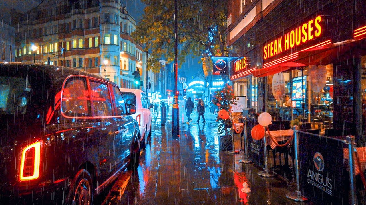 Rainy London Night Walk Ambience, West End City Streets Light