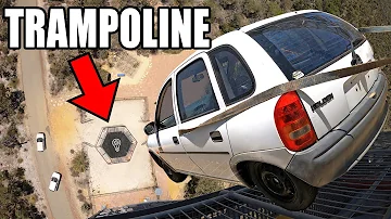 CAR vs. WORLD’S STRONGEST TRAMPOLINE- 150ft (45m) drop