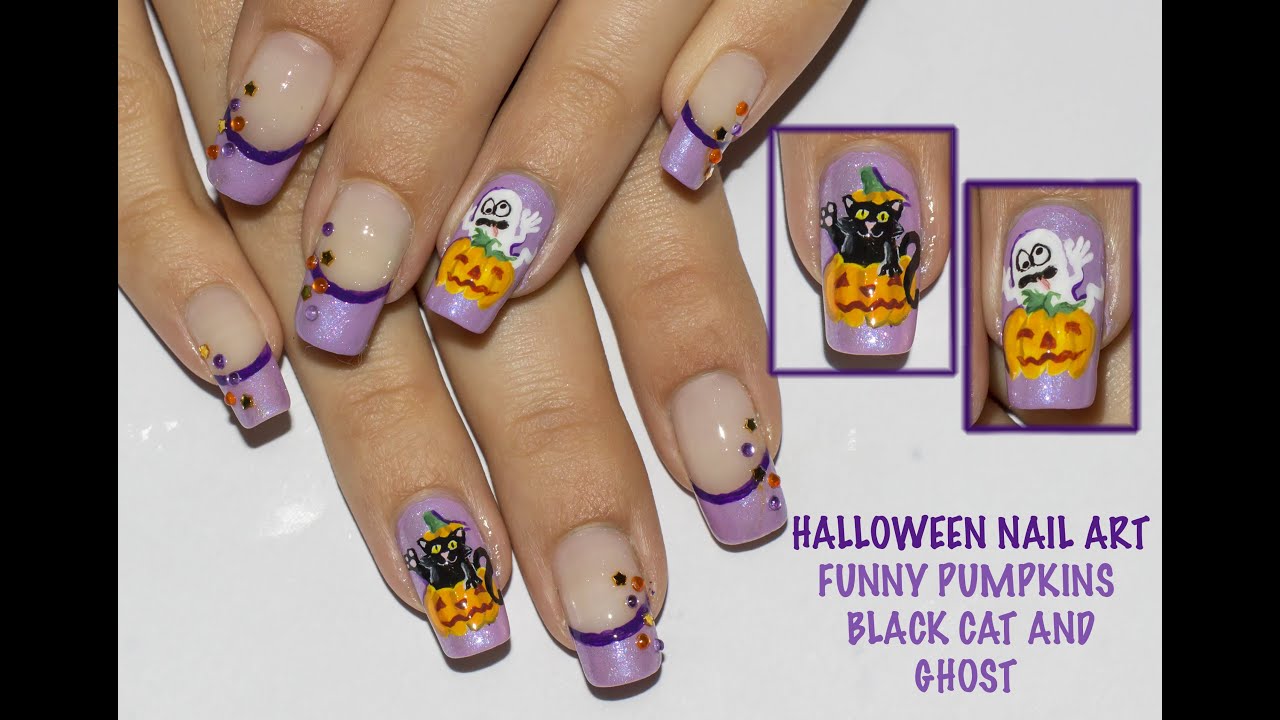 Halloween Nail Art Tutorial Funny pumpkins, black cat and ghost 
