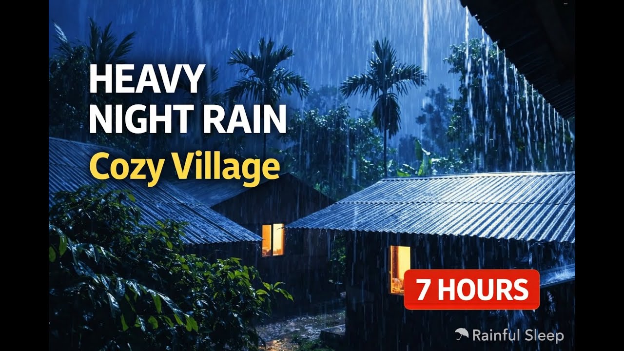 Heavy Night Rain on Roof 🌧️ Cozy Village Sleep Sounds 7 Hours