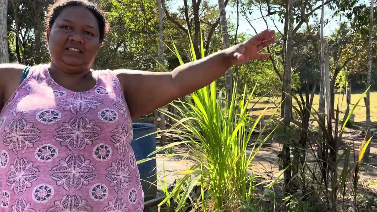 Doris muy feliz regando sus arbolitos