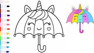 Easy Umbrella Unicorn Colour Drawing for kids Coloring Page for kids Step by Step Drawing Painting