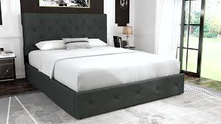 Nextfur Platform Bed Frame with 4 Storage Drawers and Headboard, Square Stitched Button Tufted