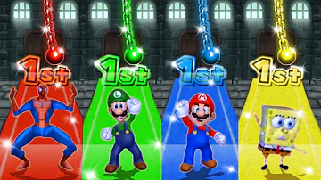 Mario Party 9 MiniGames - Mario Vs Luigi Vs Spider Man Vs SpongeBob (Master Cpu)
