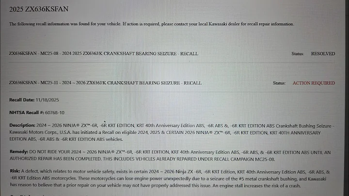 ZX6R 636 Recall Update. RECALL# 60768-10 