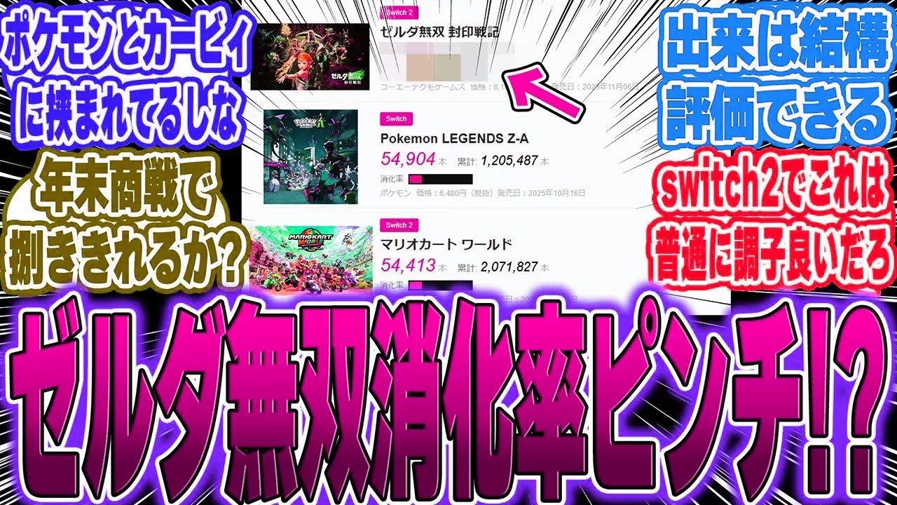 【ソフト週販】ゼルダ無双の消化率がヤバい！ポケモンZA、ドラクエ1＆2リメイクは順調に対するゲーマー達の反応【switch2】【任天堂】【PS5】【Sony】