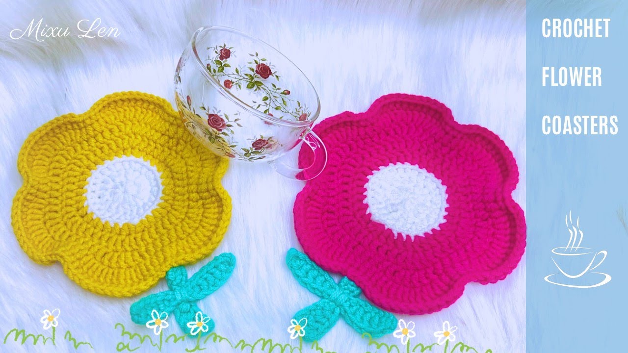 #24. Móc đế lót ly hoa đơn giản - Crochet Flower Pot Coasters - Quà tặng đế lót ly🌸|handmade|MixuLen