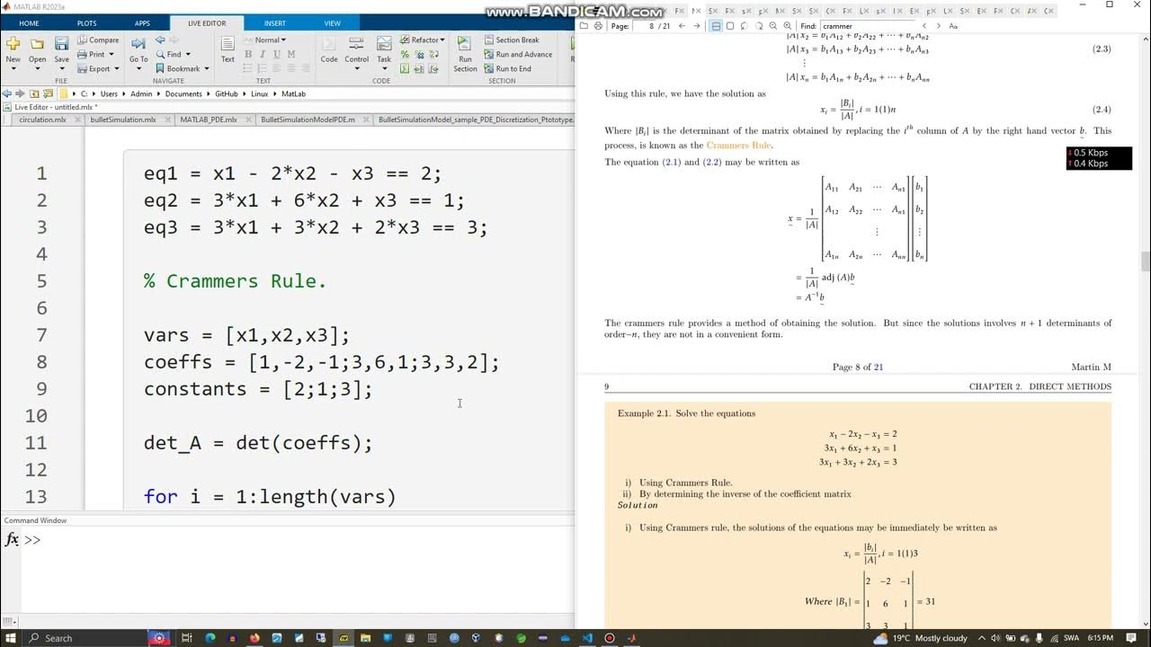 Solving Systems of Equations Using Cramer's Rule in MATLAB YouTube