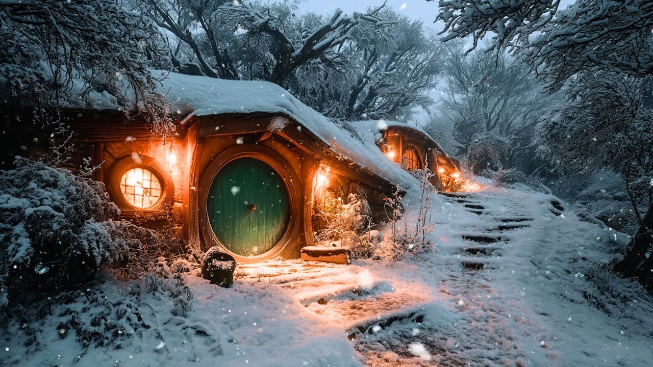 Magical Hobbit House in the Winter Night Woodland | Enchanted Music & Snowfalling Sounds