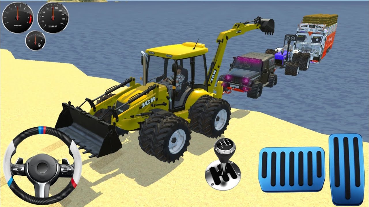 🛑JCB tractor and Thar rescue a truck stuck in water ||#indianvehiclessimulator3dvideos