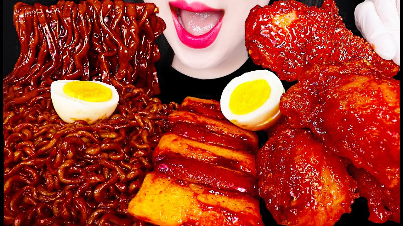 ASMR Black Bean Noodles, Fried Chicken, Egg 짜파게티, 양념 치킨 닭다리 먹방 EATING SOUNDS