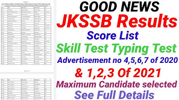 JKSSB Results of Typing Test Skill Test Advertisement no 4,5,6,7 of 2020 & 1,2,3, of 2021