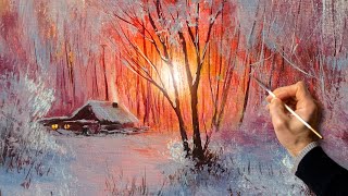 Acrylic Landscape Painting - Winter Sunset / Satisfying Art / Зимний пейзаж акрилом. Уроки рисования