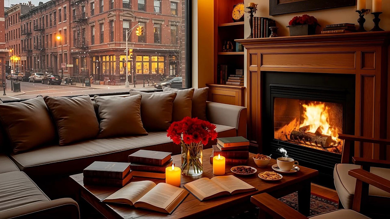 Warm Winter Night Café ❄️ Soft Jazz Background Music and Crackling Fireplace for Relaxing & Sleeping