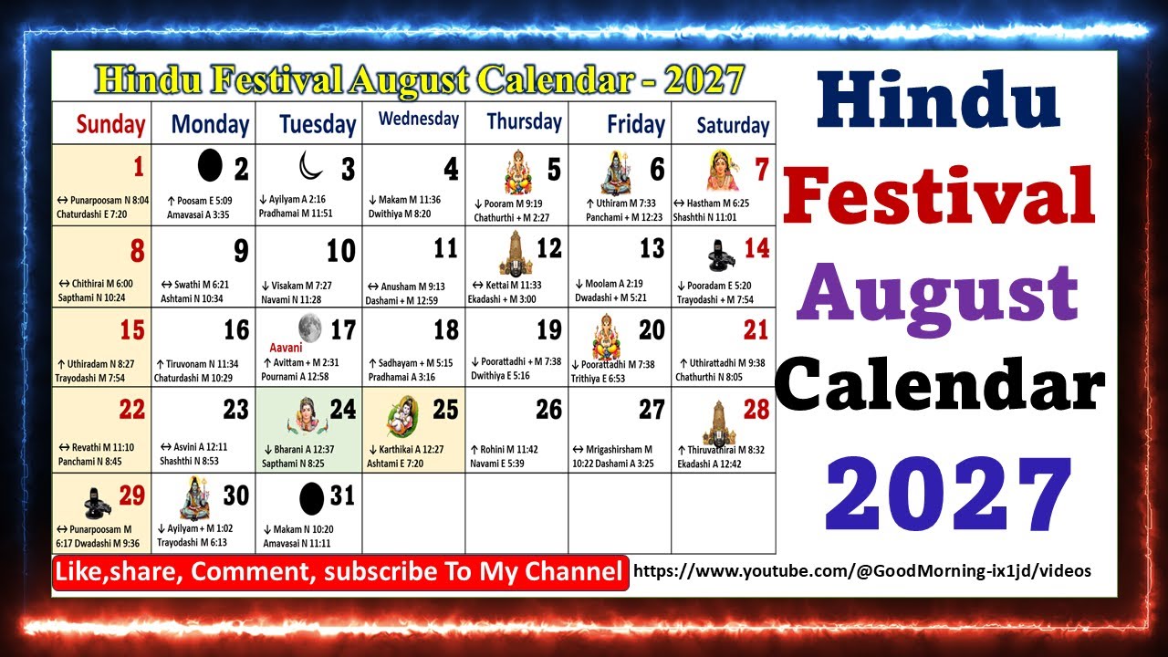 Hindu Festival August Calendar 2027 // #augustcalender2027,