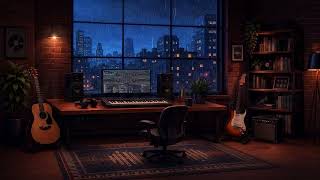 Cozy Home Recording Studio – Rainy City Night & Music Workspace | Animated Background screenshot 2