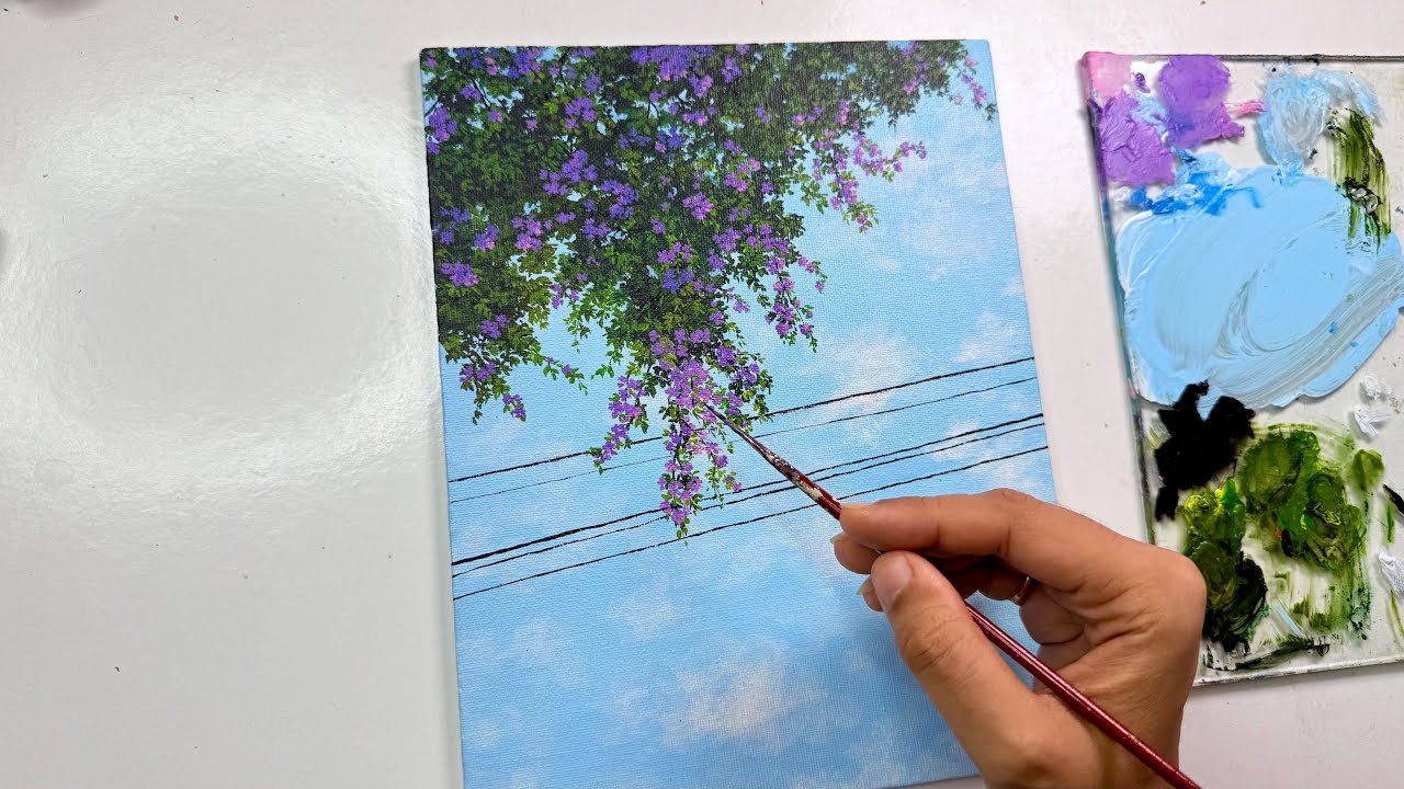 Painting a Dreamy Flower Tree with Puffy Clouds & Blue Sky/ easy acrylic painting for beginners