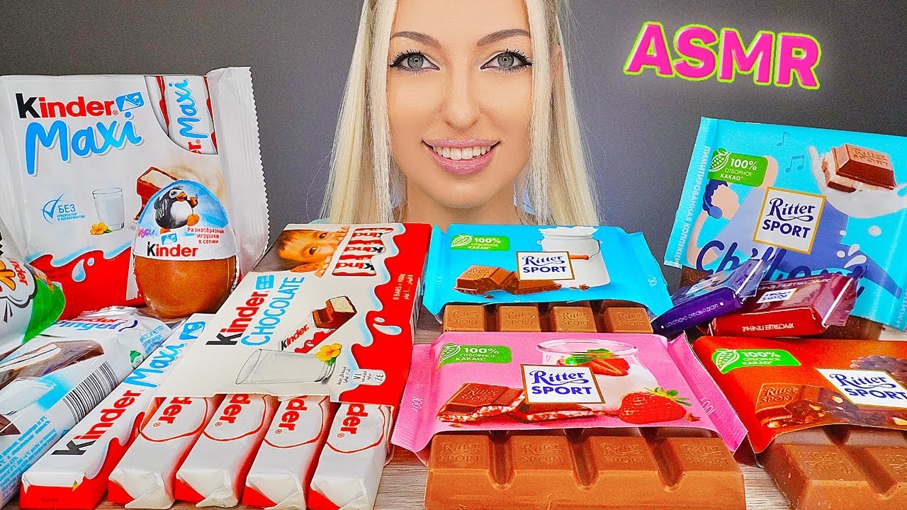 ASMR EATING CHOCOLATE KINDER & RITTER SPORT, CANDY BARS, CAKE (DESSERT) MUKBANG, 초코바 초콜릿 먹방