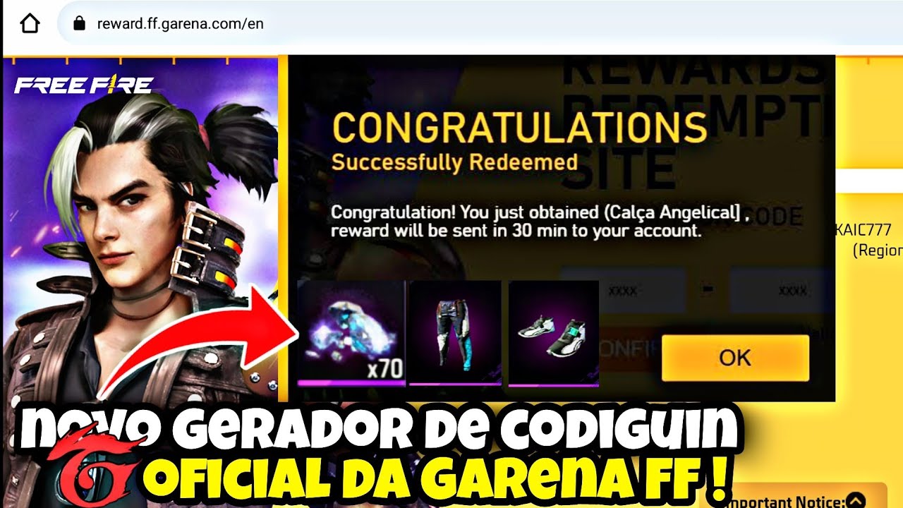 Gerador de CODIGUIN FF 2.0: Calça Angelical, Diamantes, Passe, Incubadoras  e MAIS 