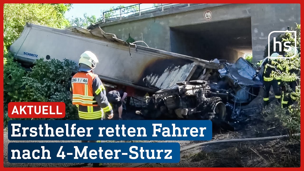 LKW stürzt 4 Meter und brennt aus - Fahrer hat mehrere Schutzengel | hessenschau