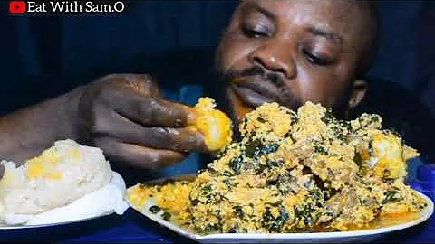 Asmr Mukbang Delicious Egusi Soup And Fufu With Mackerel Fish, Meats African Food, Eating Challenge
