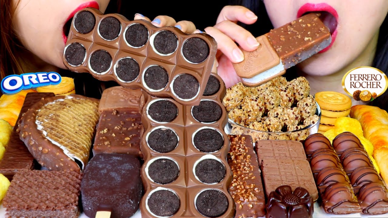 ASMR MILKA OREO CHOCOLATE BAR, DARK CHOCOLATE ICE CREAM, FERRERO CEREAL, CHOCO TACO, BROWNIE WAFER먹방