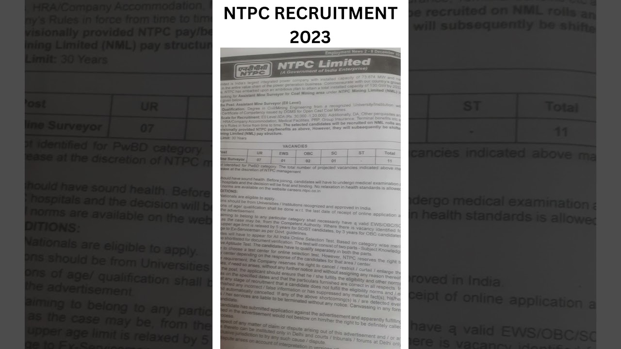 NTPC RECRUITMENT 2023# ASSISTANT MINE SURVEYOR