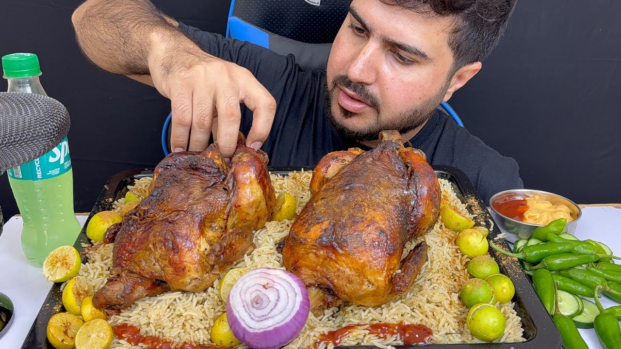 ASMR Eating 2 Spicy BBQ Whole Chicken with Masala rice Lemons Raw Onion Green Chilies BBQ Sauce 