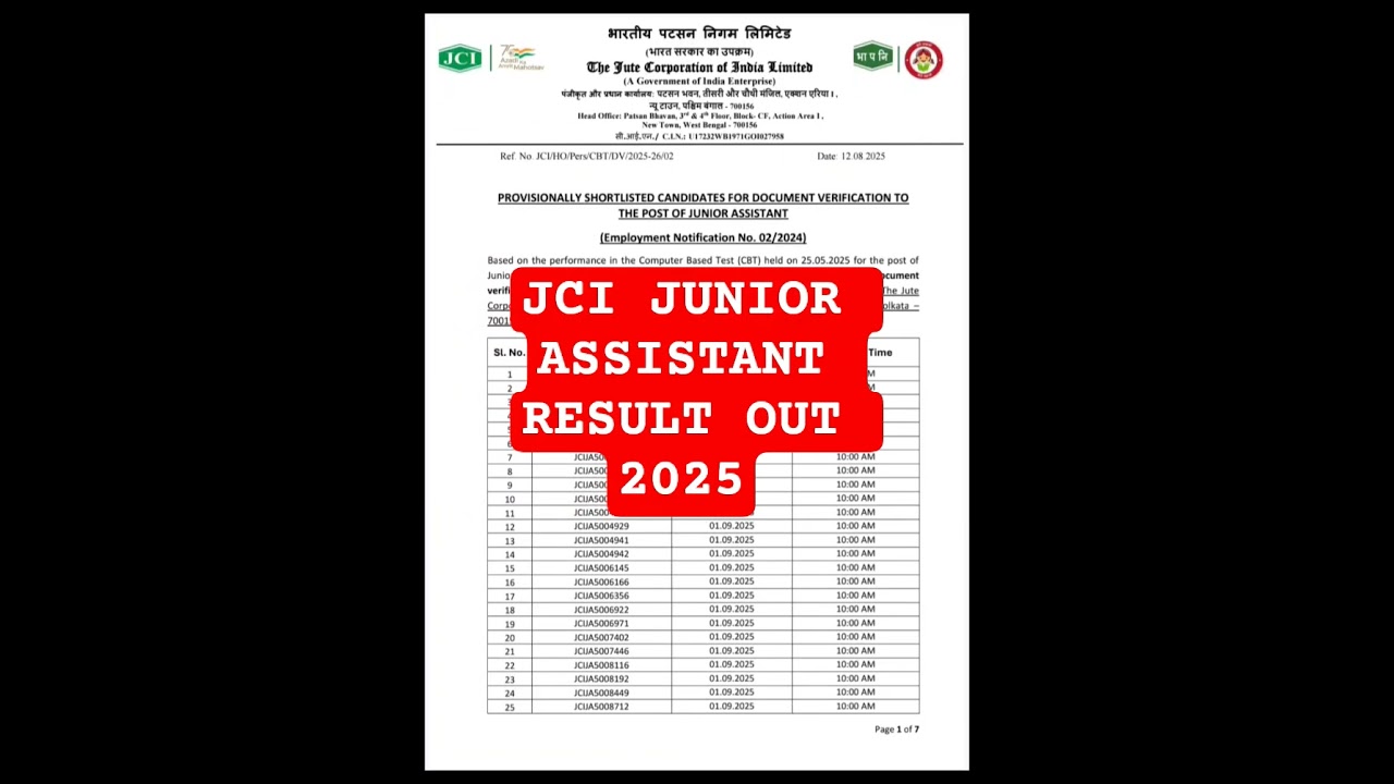 JCI JUNIOR ASSISTANT RESULT 2025 