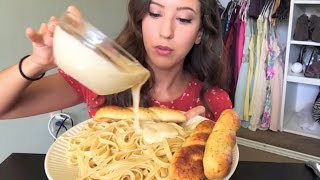 CREAMY ALFREDO PASTA + DESSERT MUKBANG! (Eating Show) | MEESH LA
