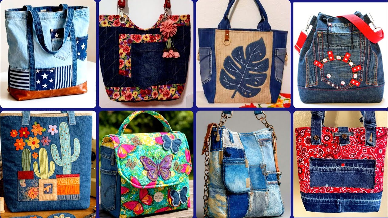 Latest outstanding denim patchwork recycling shoulder bags for girls 