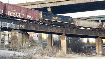DPU On Huge Trestle, CSX Office Car Special, Long CSX Mixed Freight Train Crossing Ohio River Bridge
