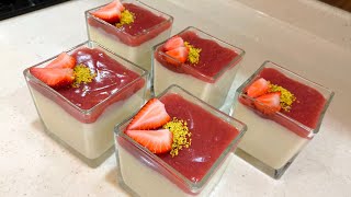 🍓İPEK GİBİ KREMASI İLE BARDAKTA ÇİLEK SOSLU SÜTLÜ TATLI NASIL YAPILIR🍮ÇİLEKLİ SÜTLÜ TATLI TARİFİ😍😋 