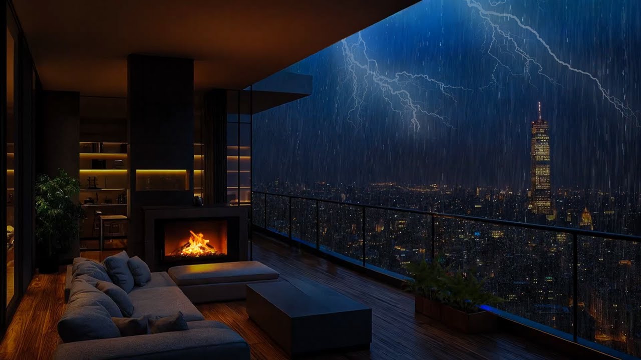 Night Rain on High-Rise Balcony: Heavy Rain, Thunder & Fireplace for Instant Sleep & Focus | NO ADS